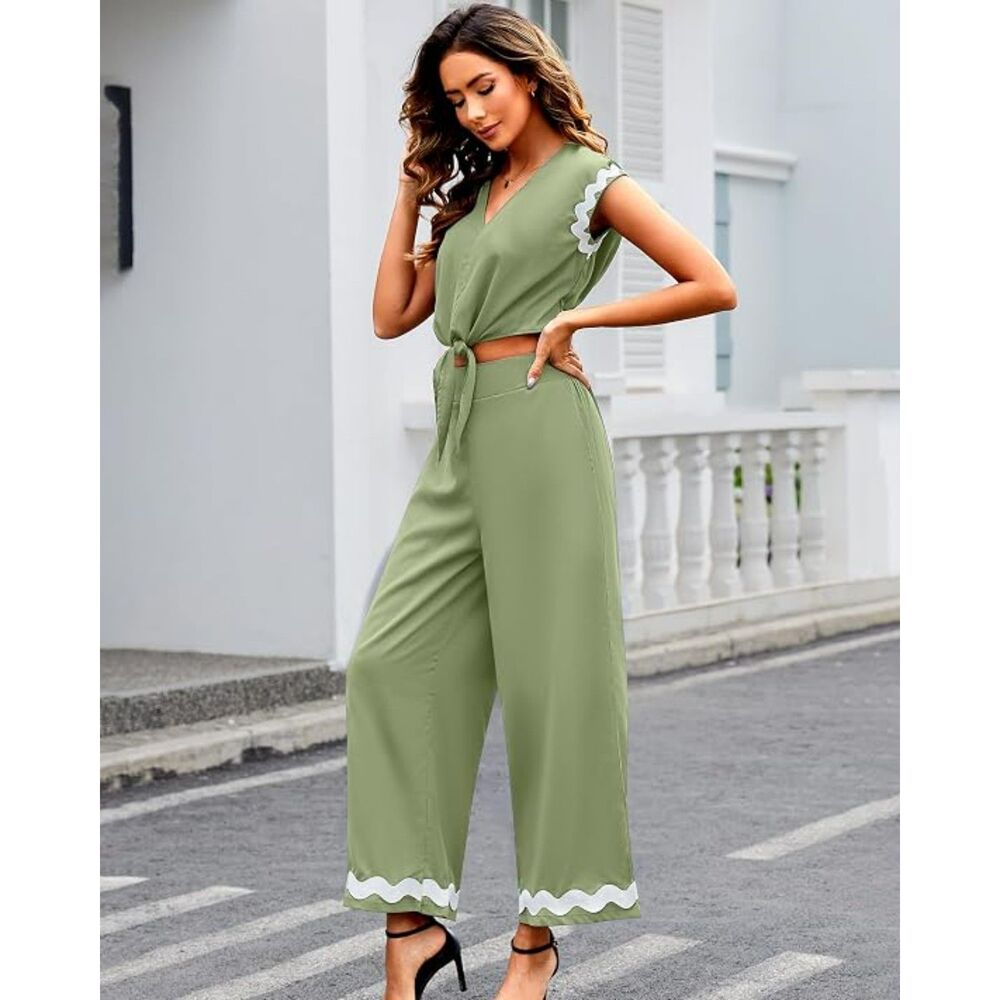 Women’s Sage Green Ric Rac Two Piece Set XL Tie Front Top Wide Leg Pants